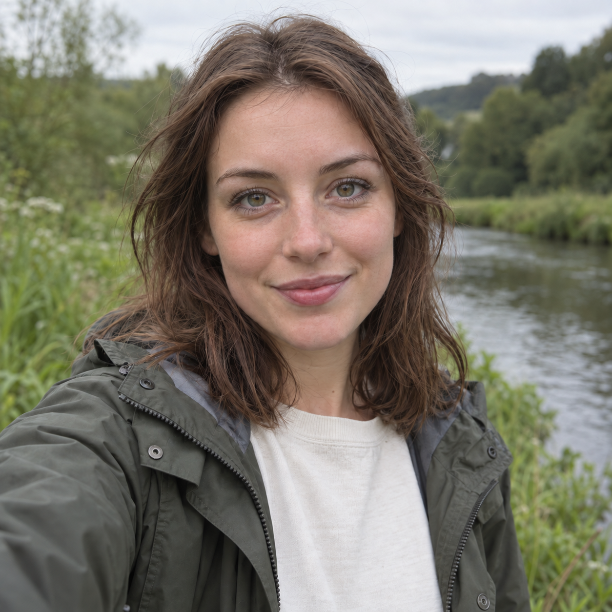 Portrait of Ellie Marsh in an olive raincoat beside a river