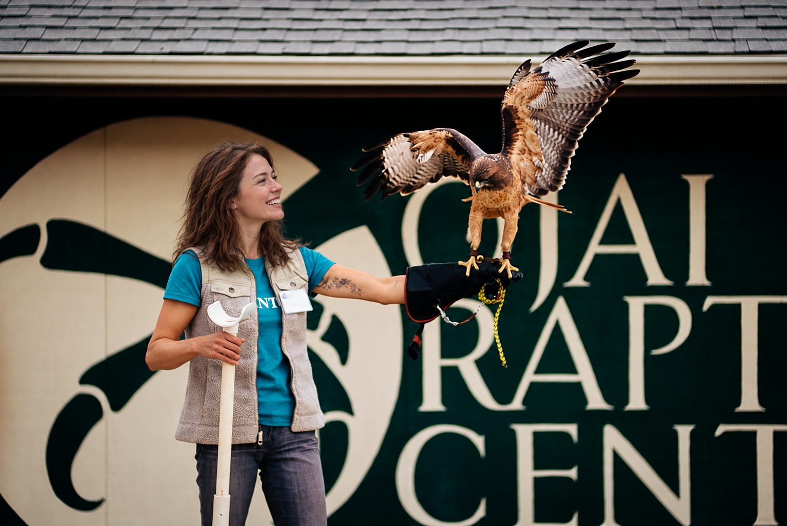 Ellie wearing a protective glove and holding a bird of prey at a wildlife centre